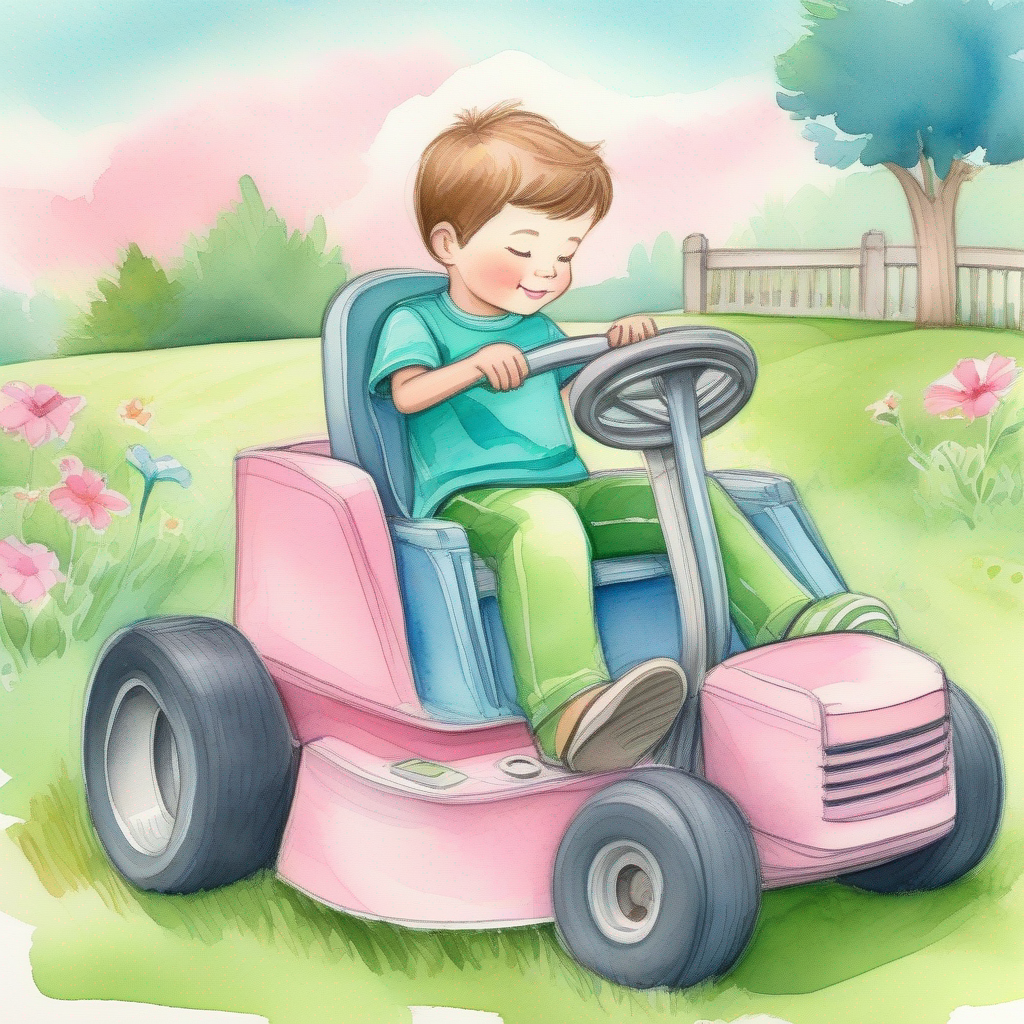 A boy who likes riding a ride-on mower. (Colors: green shirt, blue pants) sleeping with mom and dad. (Colors: pink, blue)
