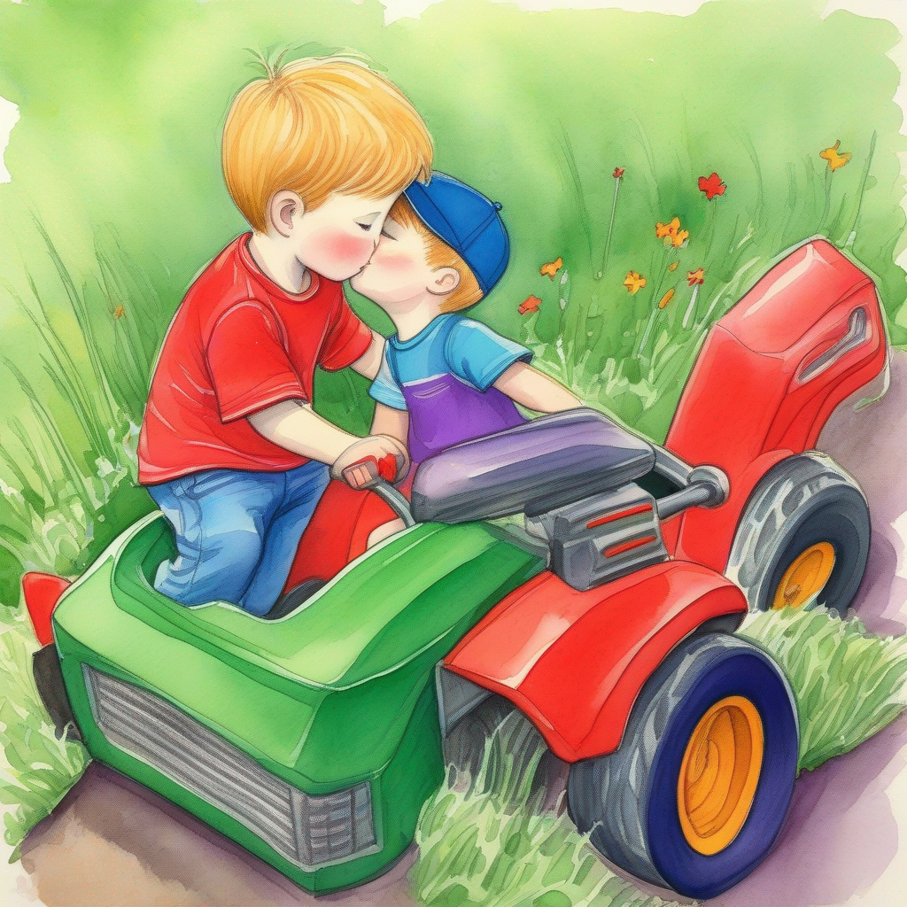 A boy who likes riding a ride-on mower. (Colors: green shirt, blue pants) receiving a good night kiss. (Colors: red, purple)