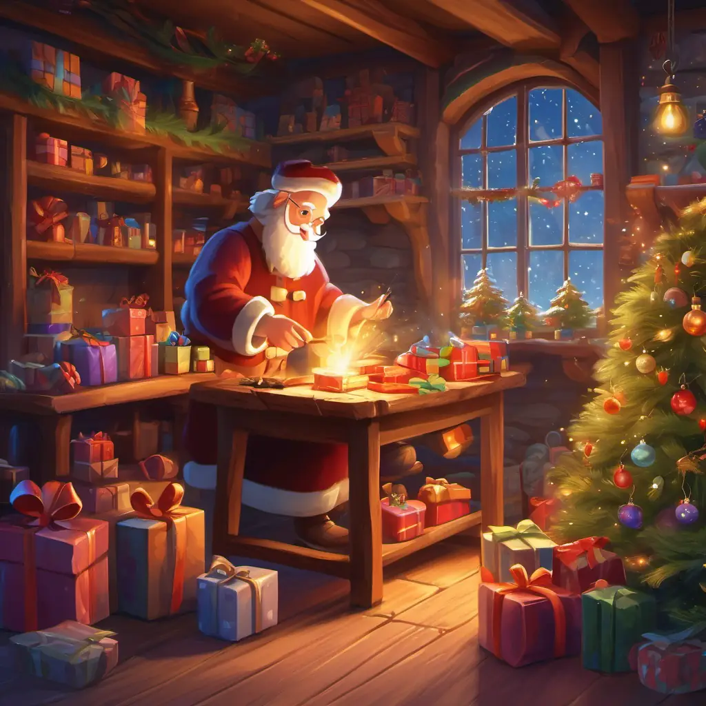 Nicholas preparing Christmas gifts in his magical workshop, filled with joy and excitement.