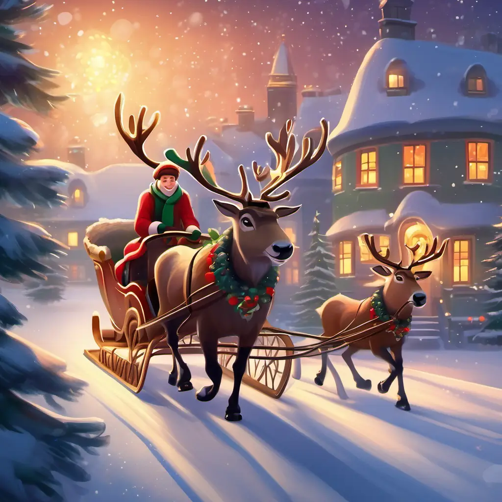 Magical Christmas Eve, Nicholas delivering gifts with his reindeer-drawn sleigh, snowy night.