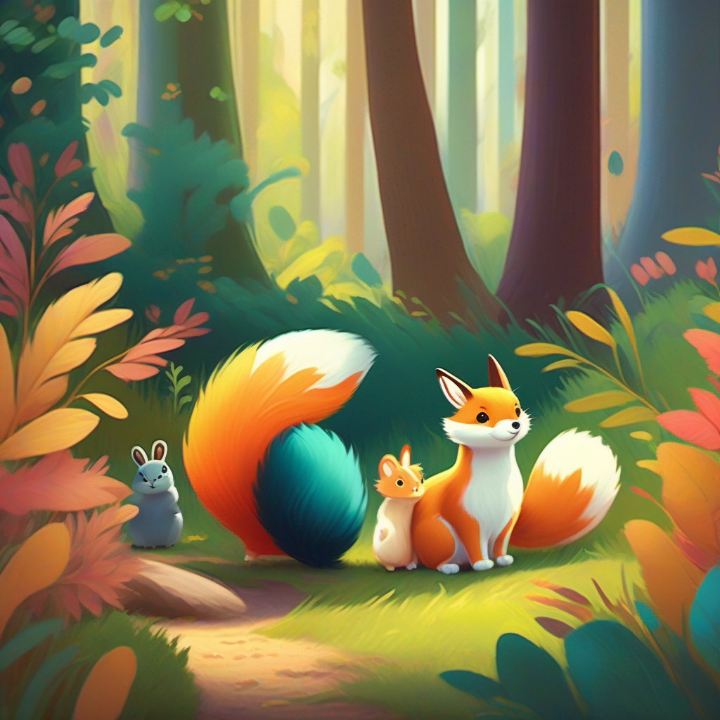 A colorful forest where Soft and gentle animal with velvety fur and a cute tail hides with friends playing