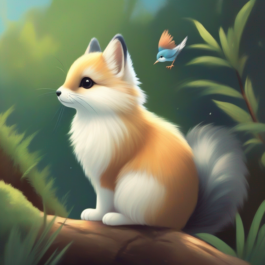 Soft and gentle animal with velvety fur and a cute tail listening to a little bird with a broken wing