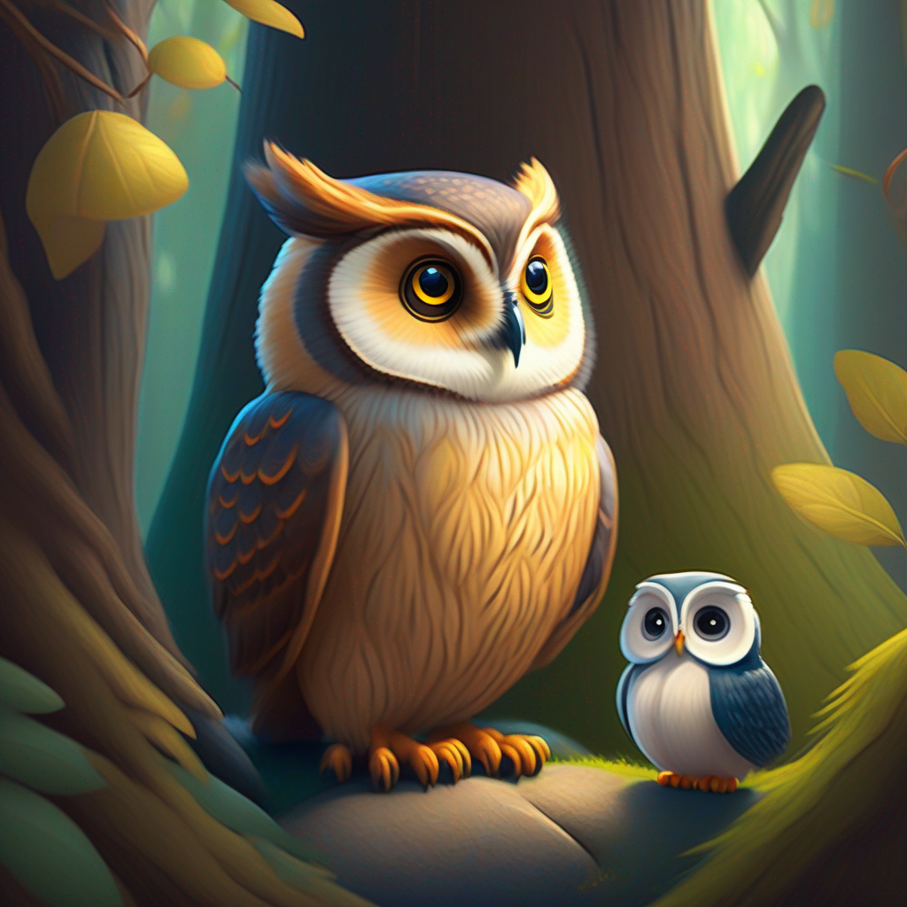 Soft and gentle animal with velvety fur and a cute tail talks to the Wise owl with big, round eyes and asks for advice