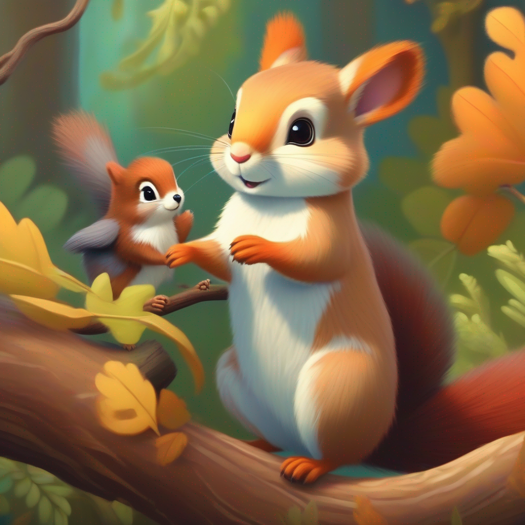 Soft and gentle animal with velvety fur and a cute tail and the bird meet the kind squirrel for help