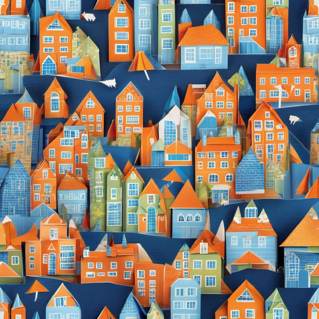 A whimsical town with a blue sky, colorful houses, and a curious fox with bright orange fur and sparkling eyes.