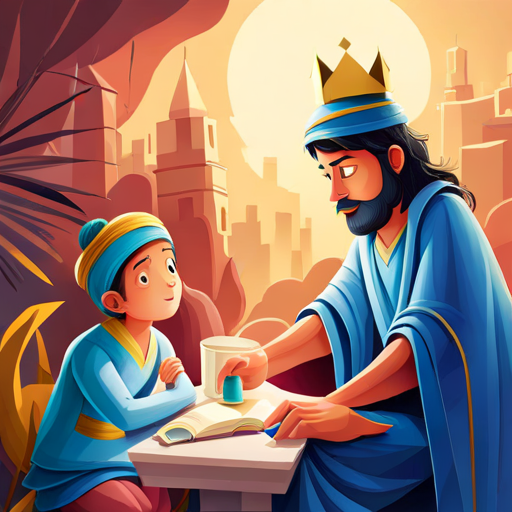 A brave king with turquoise robes and a golden crown and his advisor A wise advisor with a thoughtful expression discussing the monkey invasion.