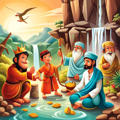 A brave king with turquoise robes and a golden crown and the villagers practicing monkey language near a waterfall.