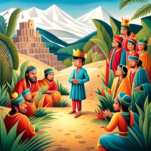 A brave king with turquoise robes and a golden crown addressing the monkeys with the villagers standing beside.