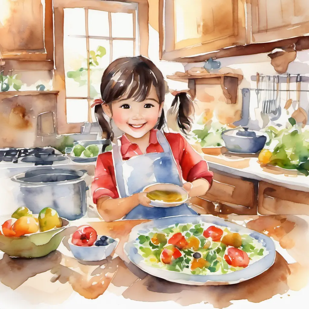 Introduction to the story, kitchen setting, Warm brown eyes, olive skin, nurturing smile and Bright eyes, eager smile, growing confidence bonding.