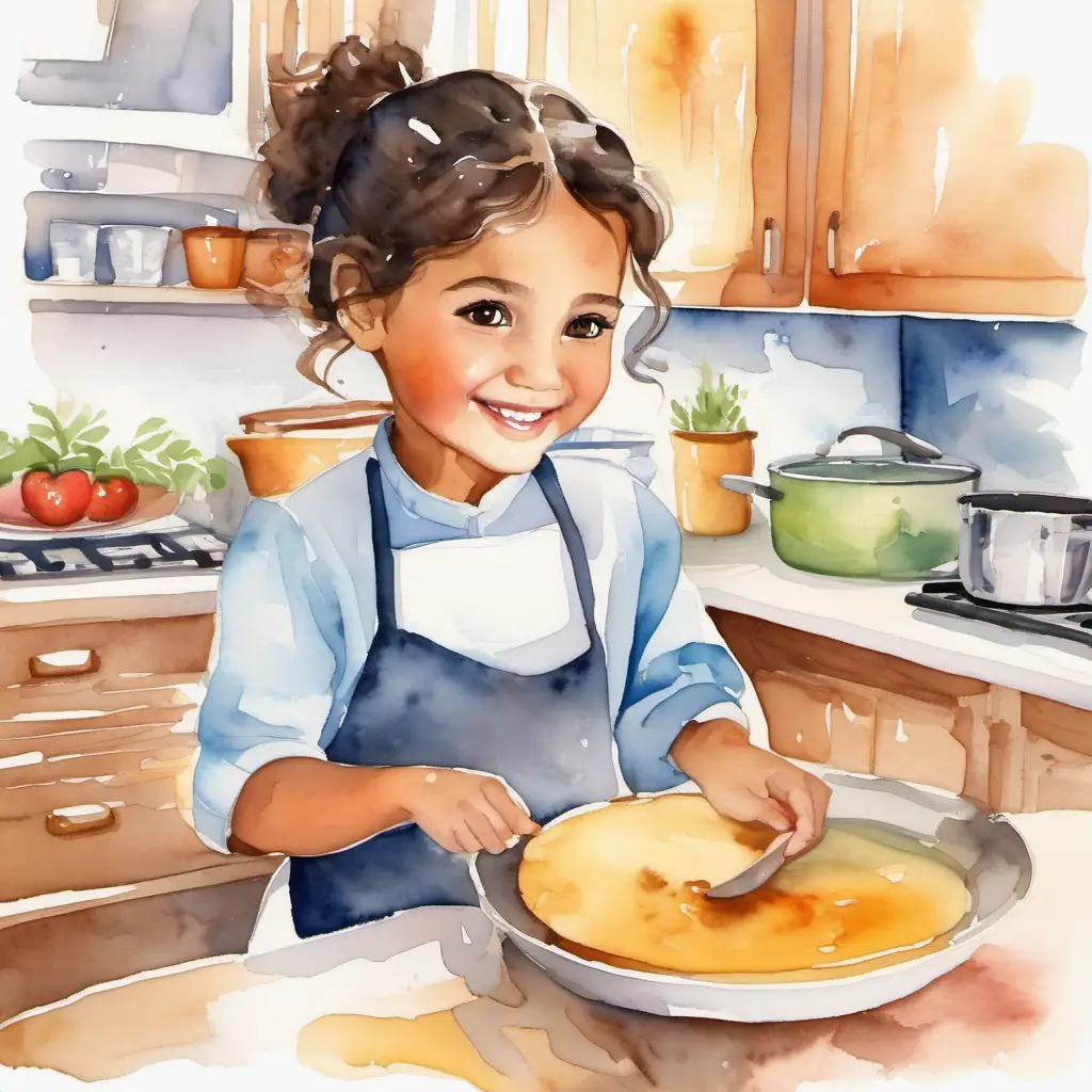 Kitchen setting, Warm brown eyes, olive skin, nurturing smile teaching Bright eyes, eager smile, growing confidence baking skills.