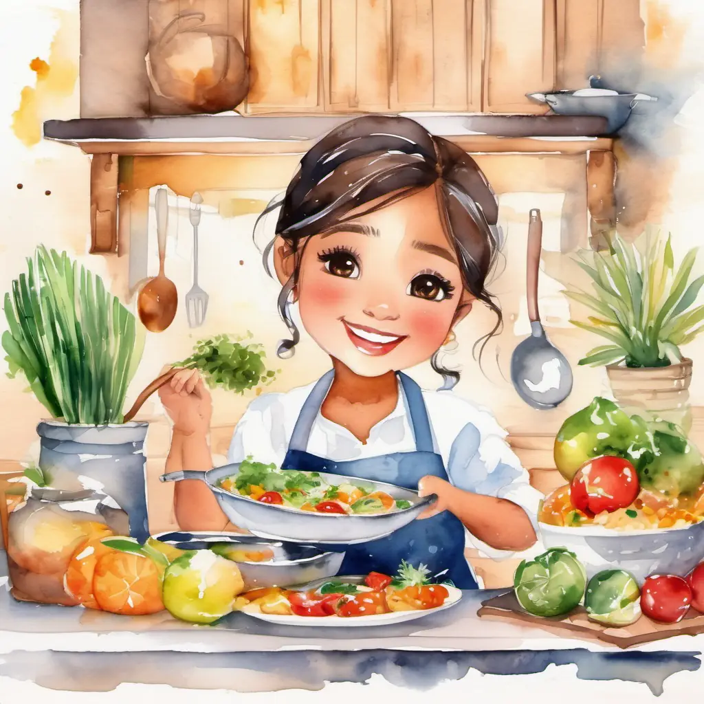 Cooking scenes, diverse range of cuisines, Warm brown eyes, olive skin, nurturing smile-Bright eyes, eager smile, growing confidence culinary exploration.