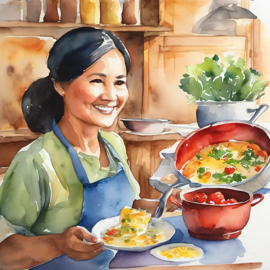 Mother-Bright eyes, eager smile, growing confidence bonding, storytelling, cultural heritage through cooking.