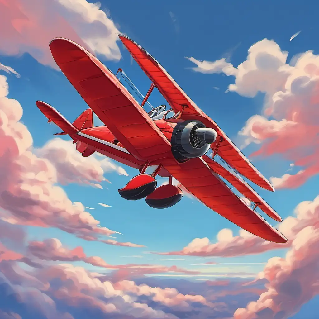 A picture of a red plane flying in the blue sky