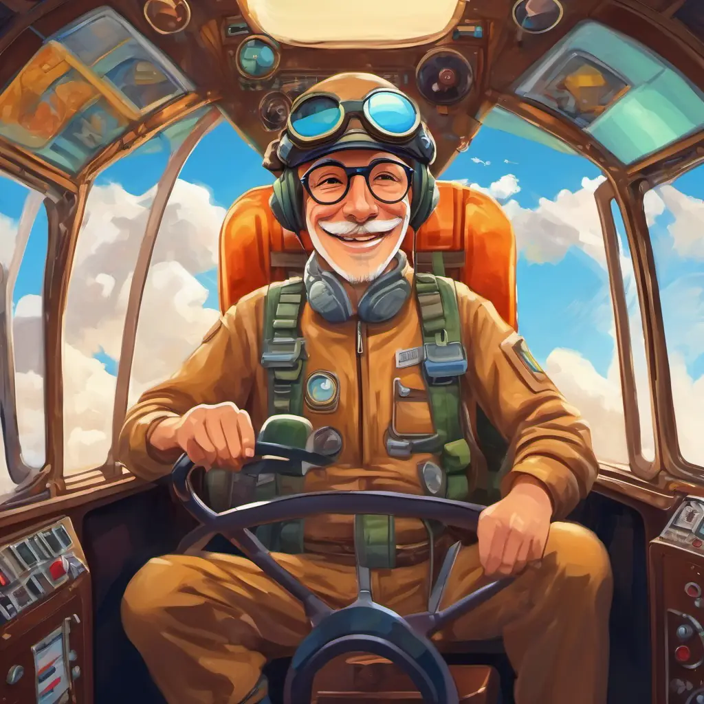 A picture of a happy Happy man with a hat and goggles sitting in the cockpit of the plane