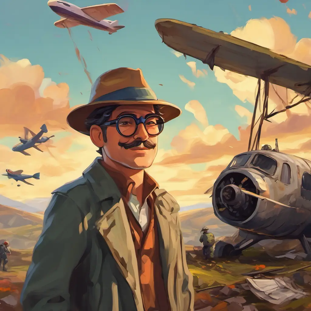 A picture of the Happy man with a hat and goggles standing near the crashed plane and looking worried