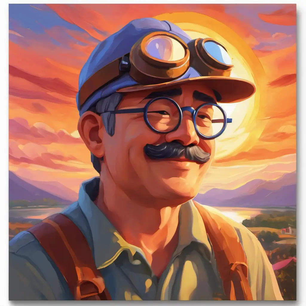 A picture of the Happy man with a hat and goggles hugging himself and looking sad as the sun sets