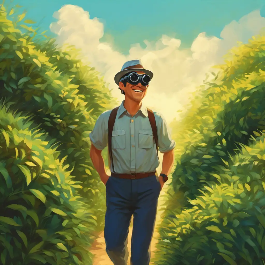 A picture of the Happy man with a hat and goggles turning his head towards the sound in the bushes