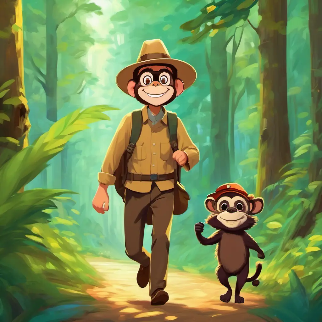 A picture of the Happy man with a hat and goggles and the Friendly brown monkey with a big smile walking through the forest