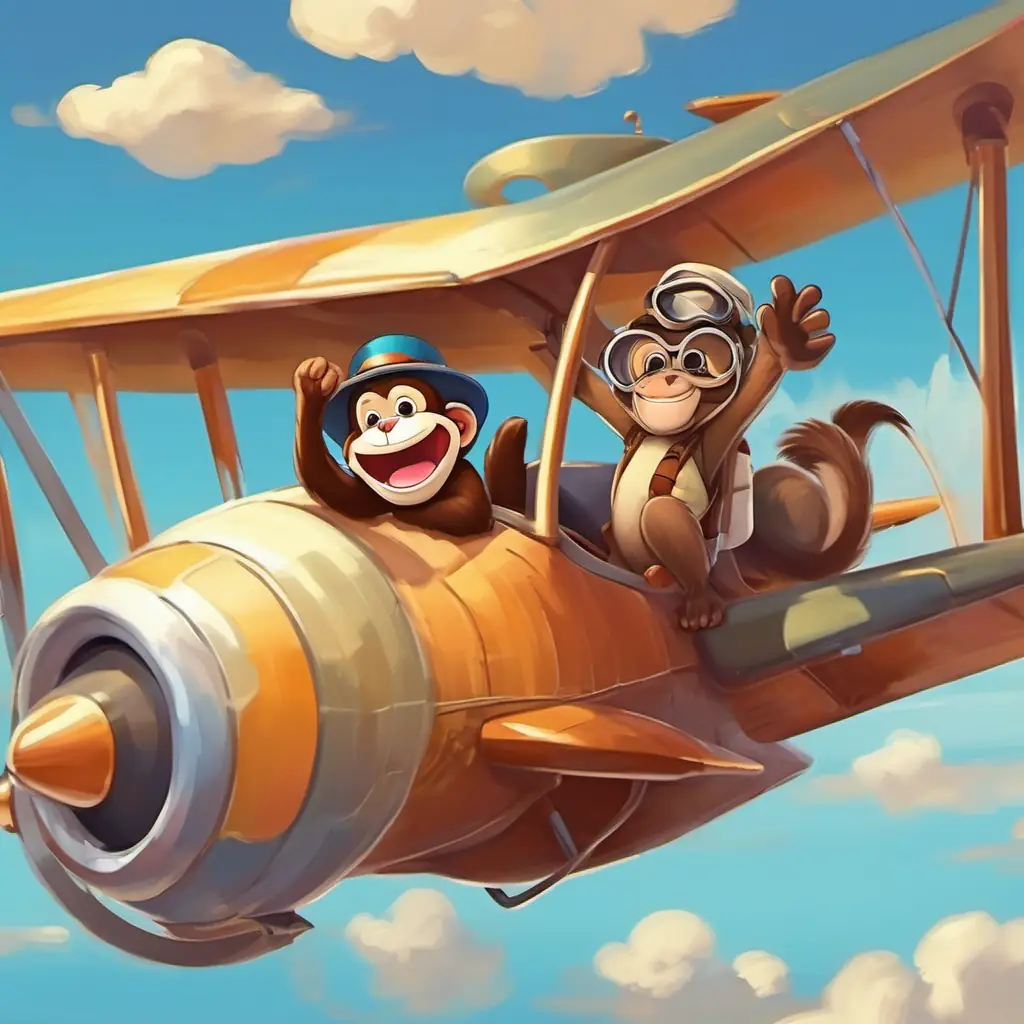 A picture of the Happy man with a hat and goggles and the Friendly brown monkey with a big smile waving goodbye as the Happy man with a hat and goggles flies away in his repaired plane