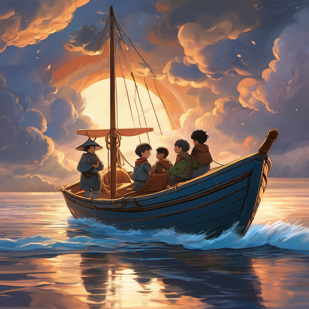 As their journey continued, they passed through storms and dark nights, but Spudly and his crew never lost heart. They leaned on one another and their shared vision of inclusivity. Together, they braved thunder and lightning, always guiding each other to calmer waters. After a long and fulfilling adventure, Spudly and his crew returned to their starting point, the magical gravy boat gently gliding back to the river's edge. Spudly hugged each of his friends, grateful for the incredible journey they had shared.