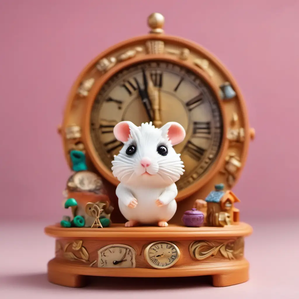 Introducing Tiny hamster with fluffy fur, beady black eyes, curious at his home with many clocks.