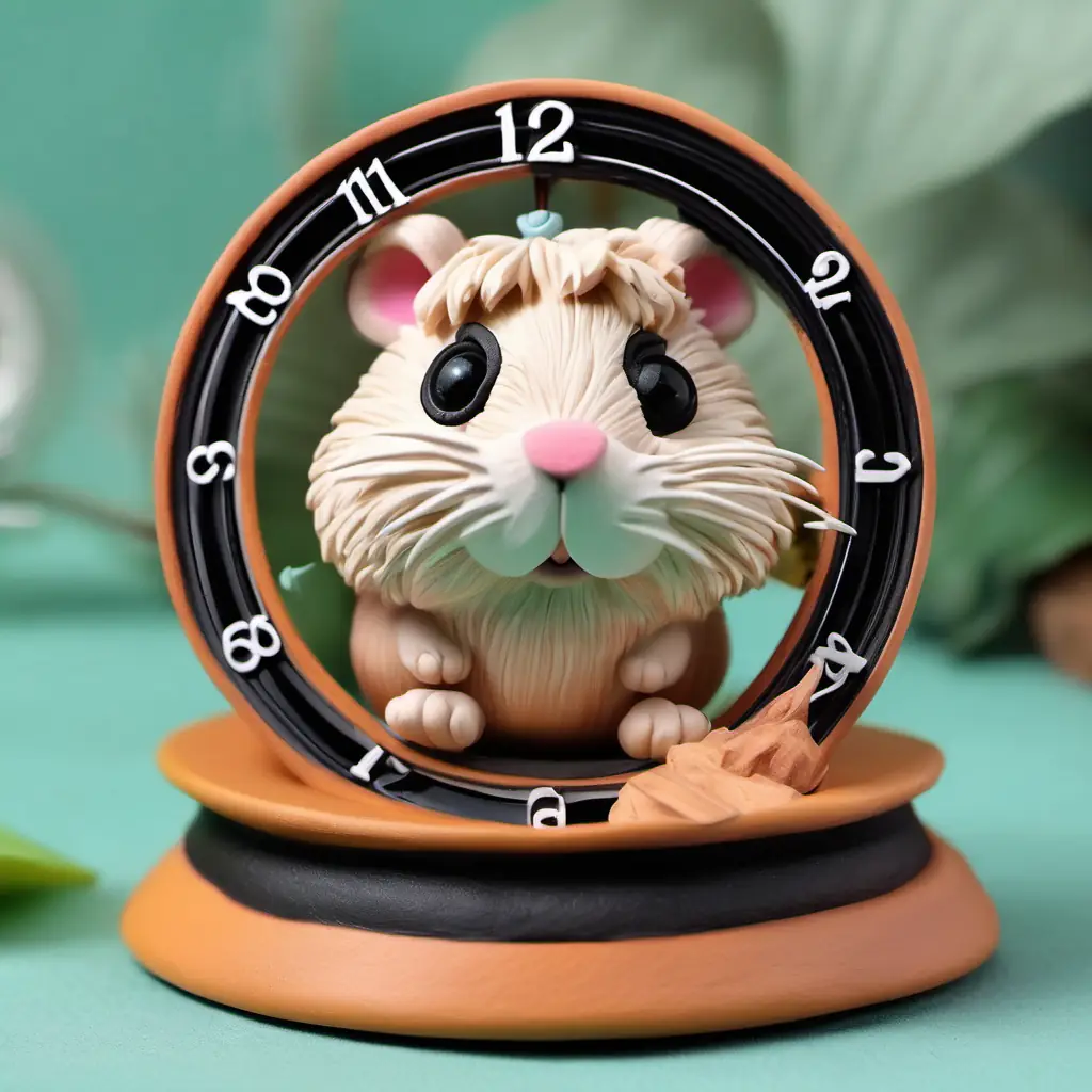 Tiny hamster with fluffy fur, beady black eyes, curious finally fixes the clock.