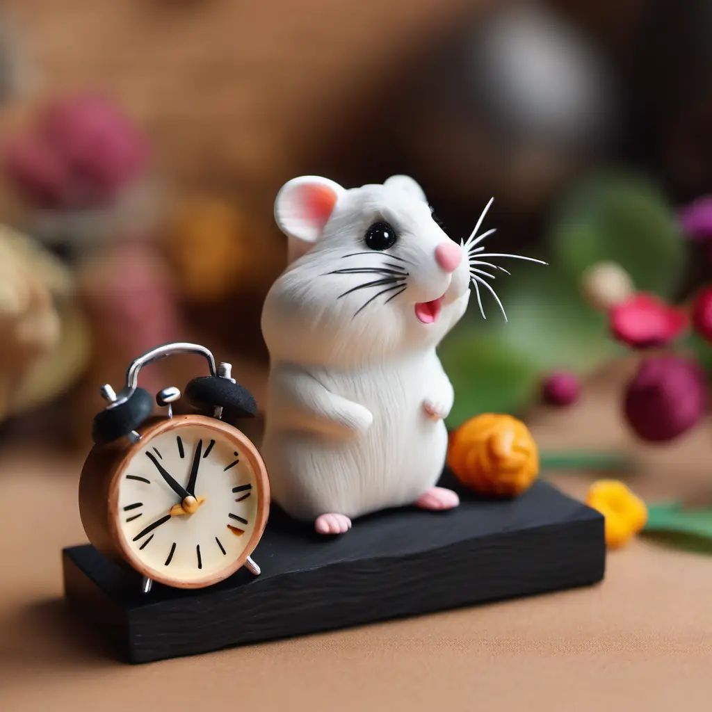 Tiny hamster with fluffy fur, beady black eyes, curious celebrates his success, all clocks working.