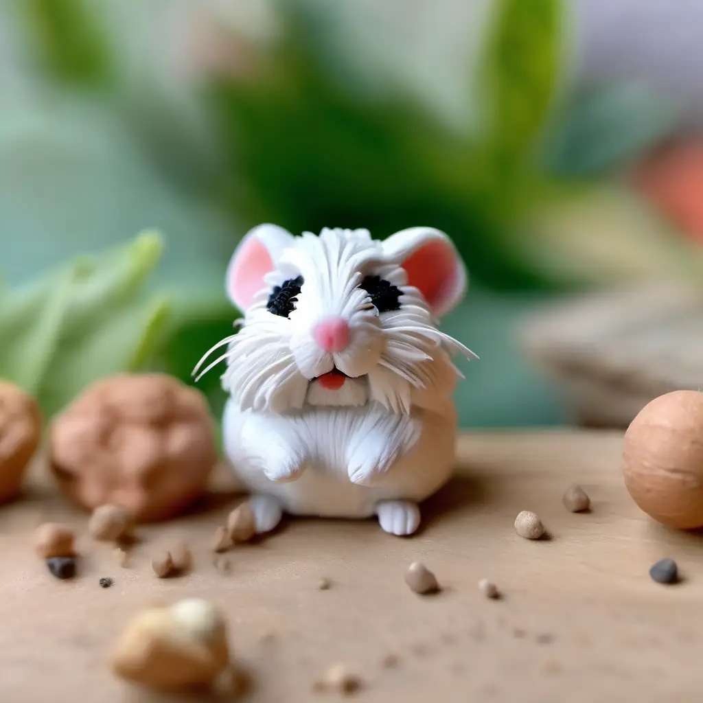 Tiny hamster with fluffy fur, beady black eyes, curious deciding to face his challenge.