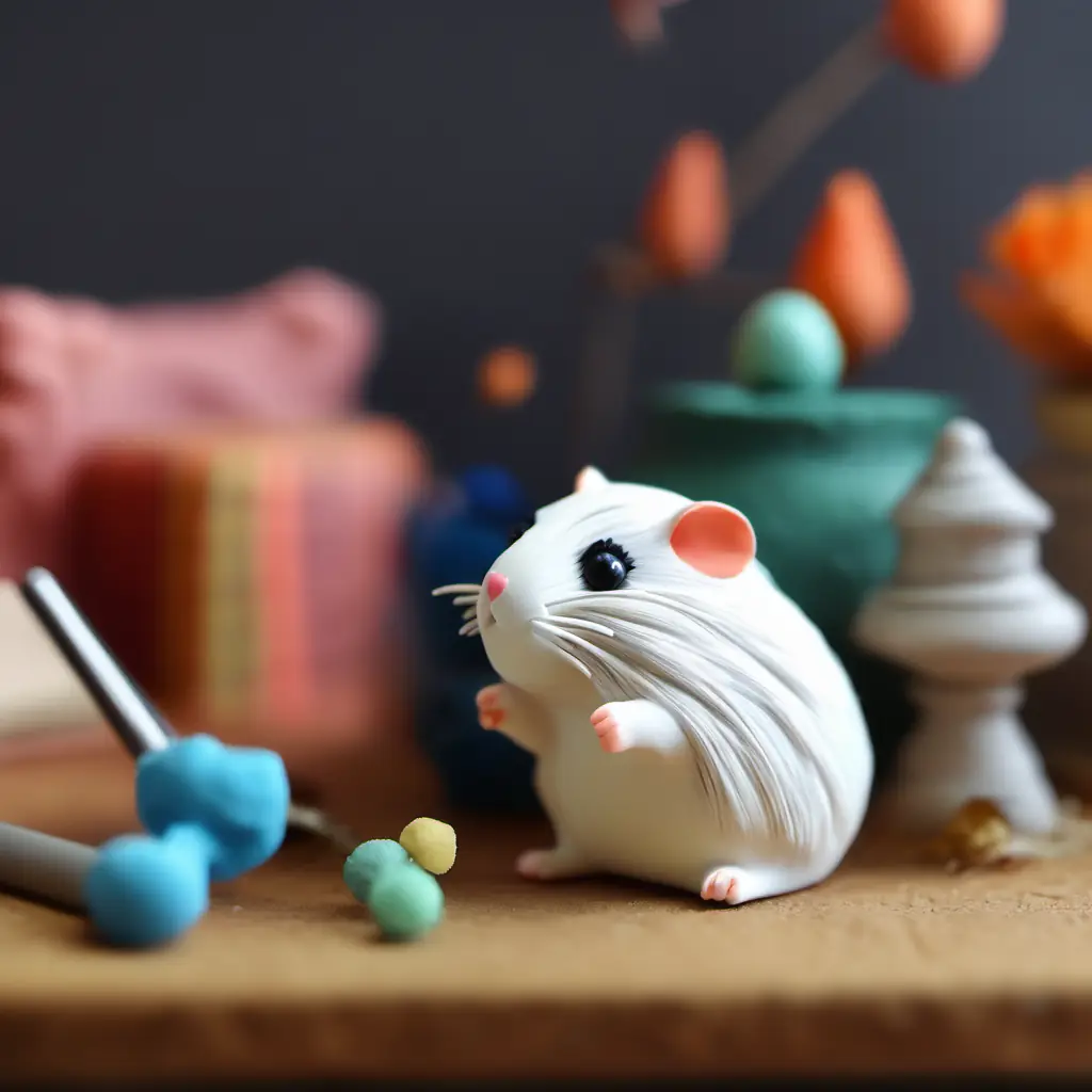 Tiny hamster with fluffy fur, beady black eyes, curious begins his work on fixing the clock.
