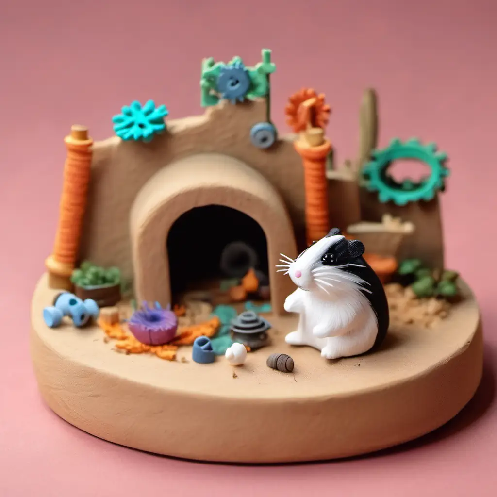 Tiny hamster with fluffy fur, beady black eyes, curious midway through his task, gears and parts around.