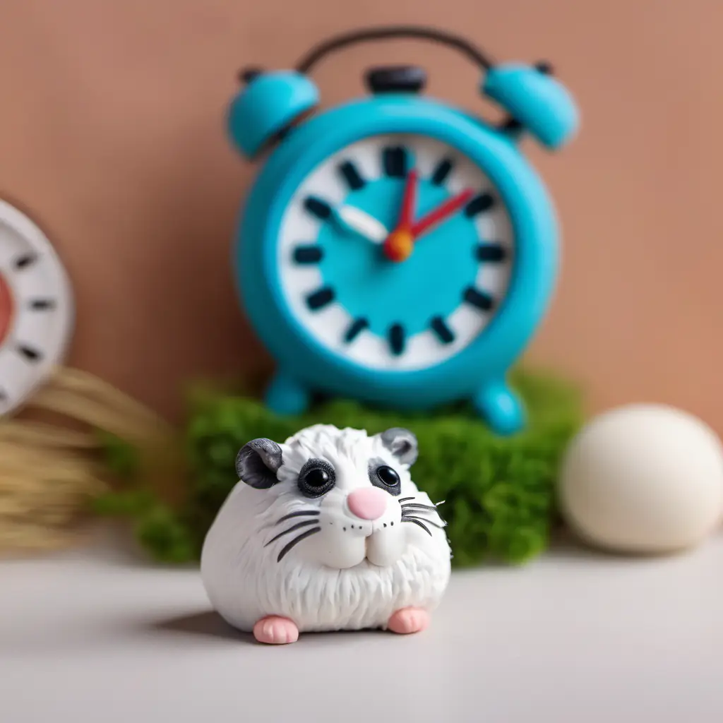 Tiny hamster with fluffy fur, beady black eyes, curious grows tired, and the clock remains unfixed.