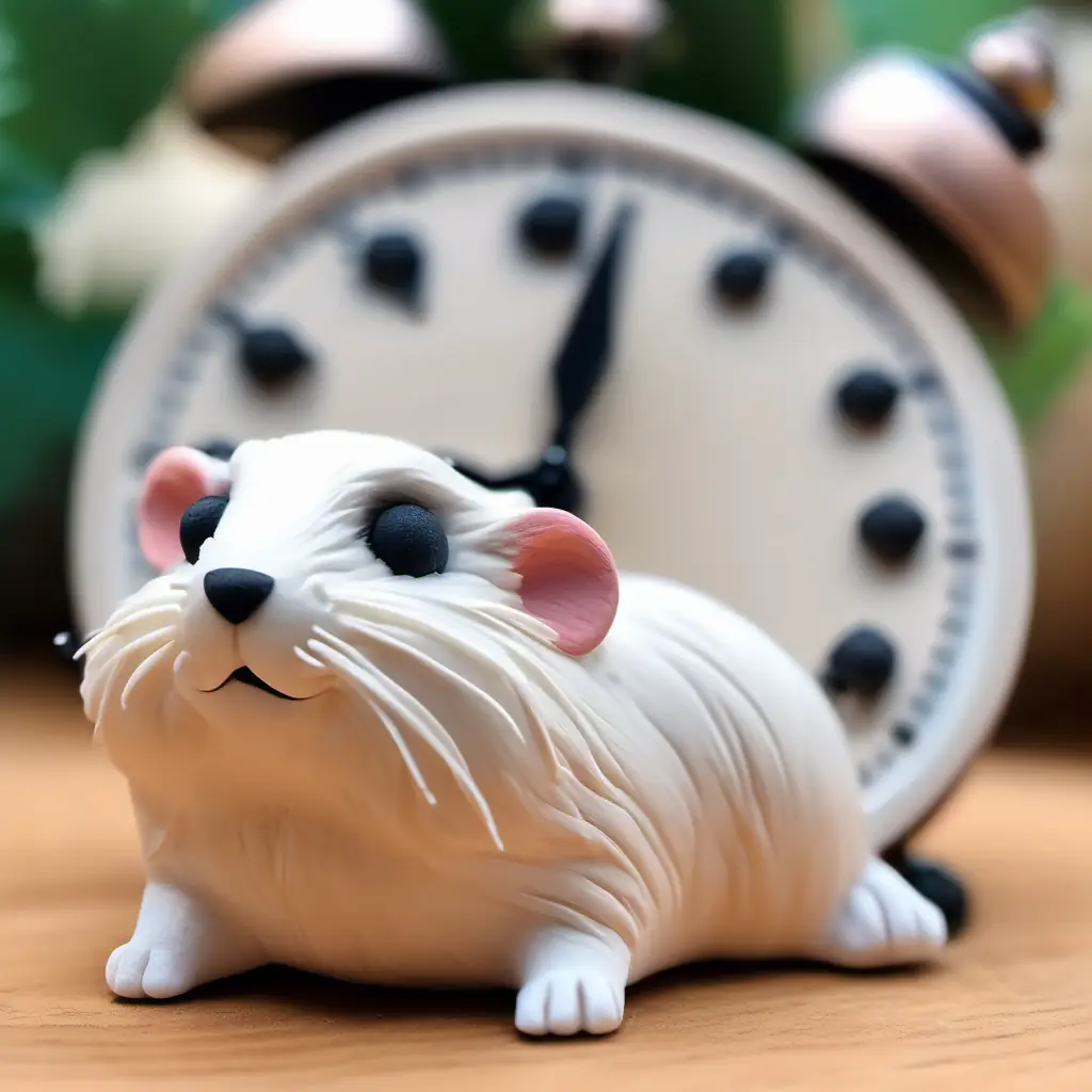 Tiny hamster with fluffy fur, beady black eyes, curious falls asleep without fixing the clock.