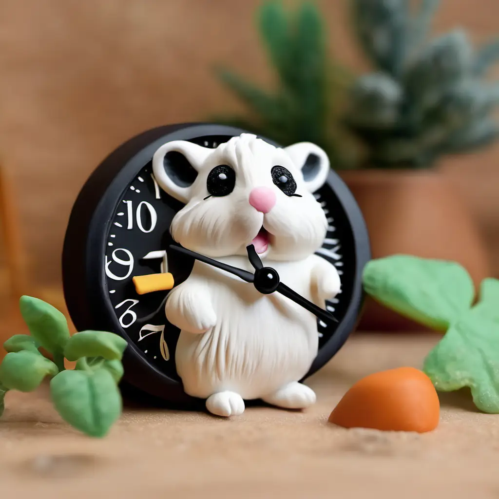 Tiny hamster with fluffy fur, beady black eyes, curious starts his second attempt to fix the clock.