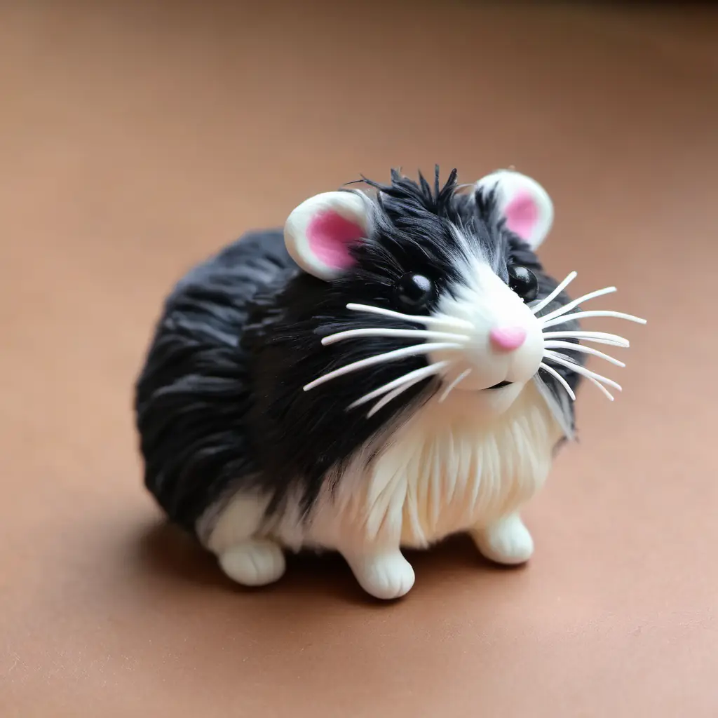 Tiny hamster with fluffy fur, beady black eyes, curious continues working with determination.