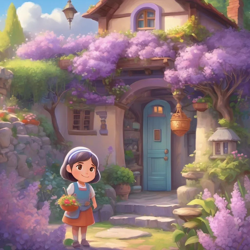 A whimsical little house with a lush lilac garden, a cheerful girl with bright eyes, and a kind, jolly grandmother.