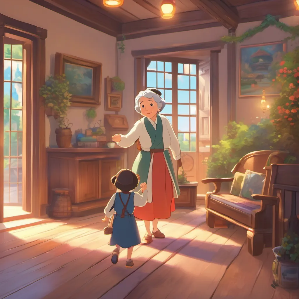 A magical room bidding farewell warmly, with a girl and her grandmother smiling and waving back as they leave.