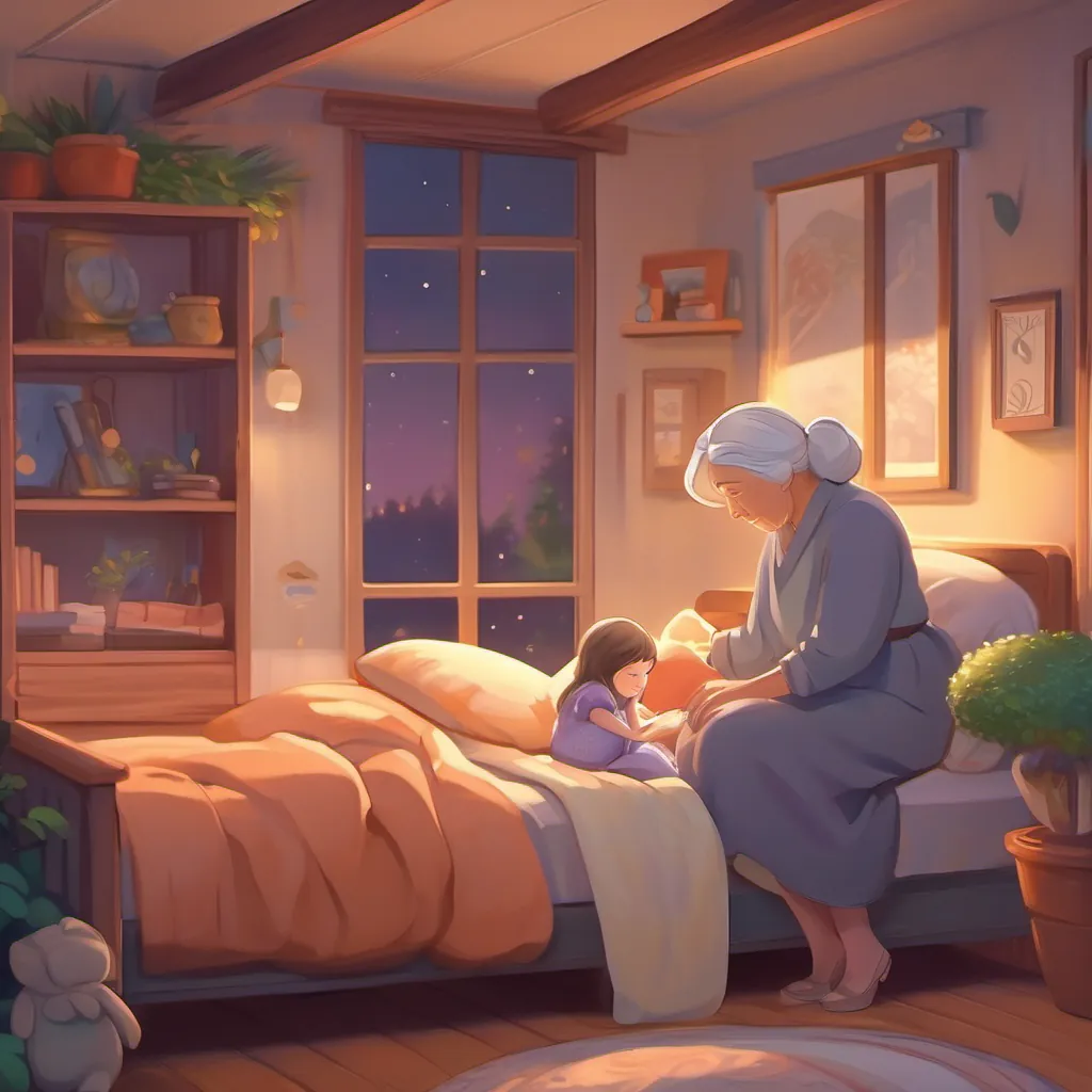 A cozy bedtime scene with a comforting atmosphere, a young girl tucked in, and her grandmother bidding goodnight, filled with love and warmth.