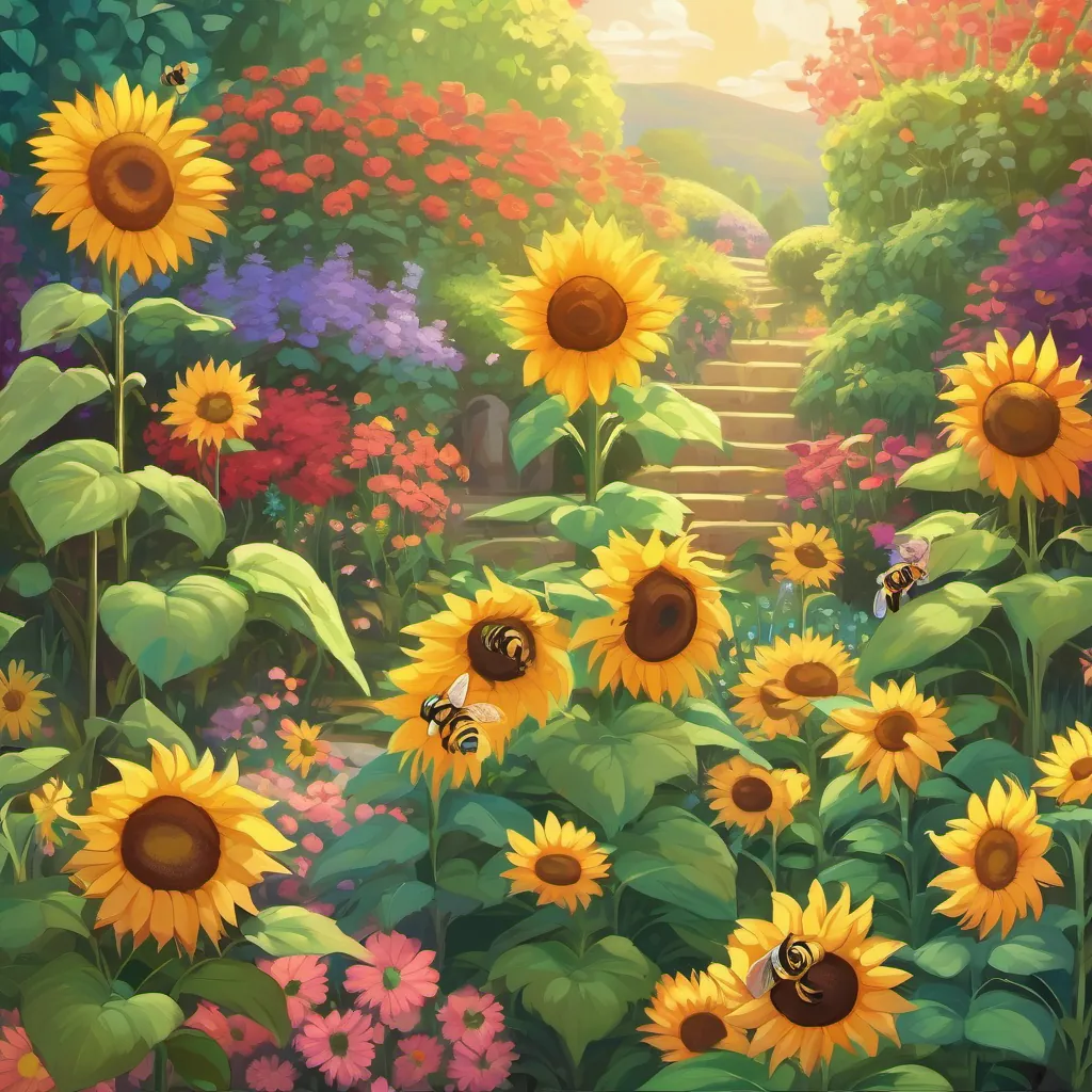A vibrant garden where flowers bow, bees hum, and tall sunflowers stand guard, filled with life and color.