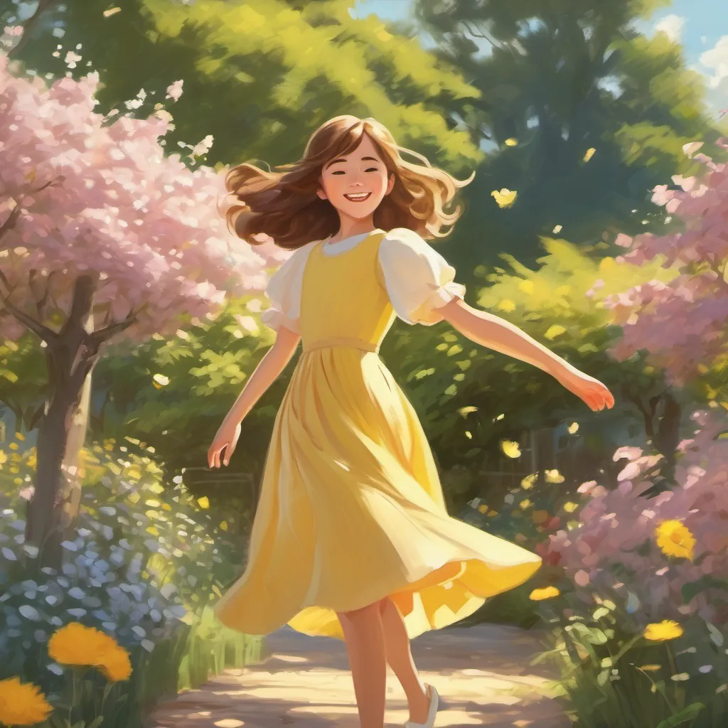 A young girl twirling in a yellow dress, basking in the sunny garden with a look of pure joy.