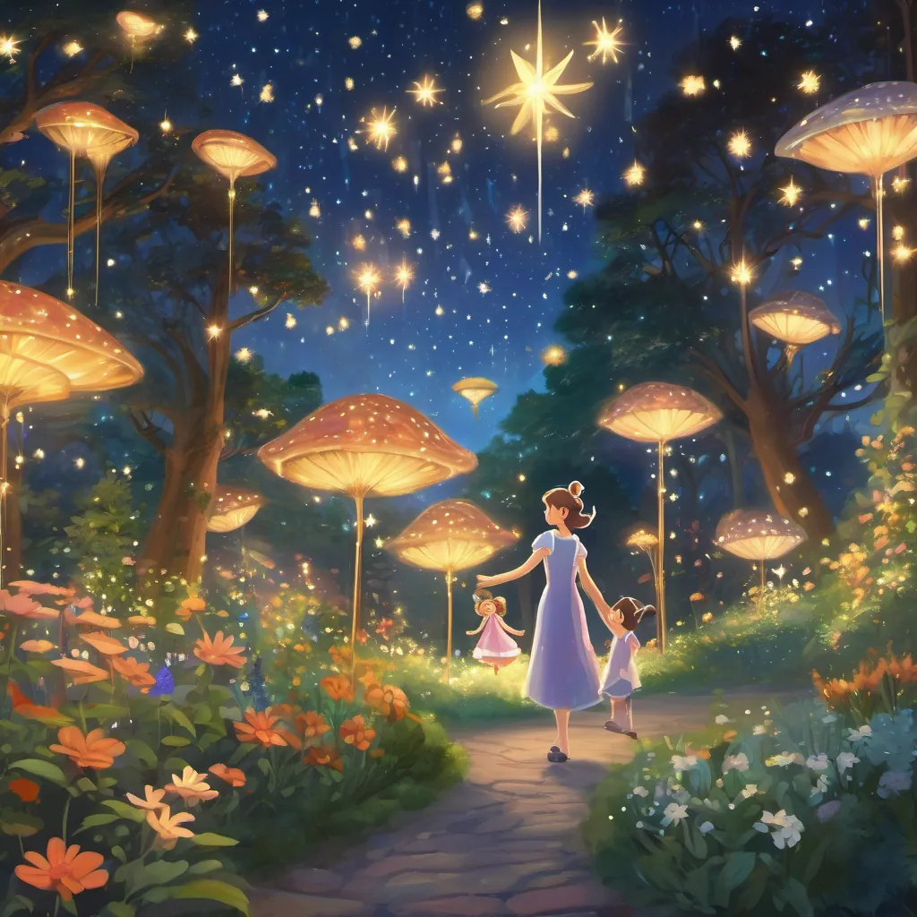 A magical evening garden scene with twinkling fairies, a dancing girl, and her joyful grandmother under the starry night sky.