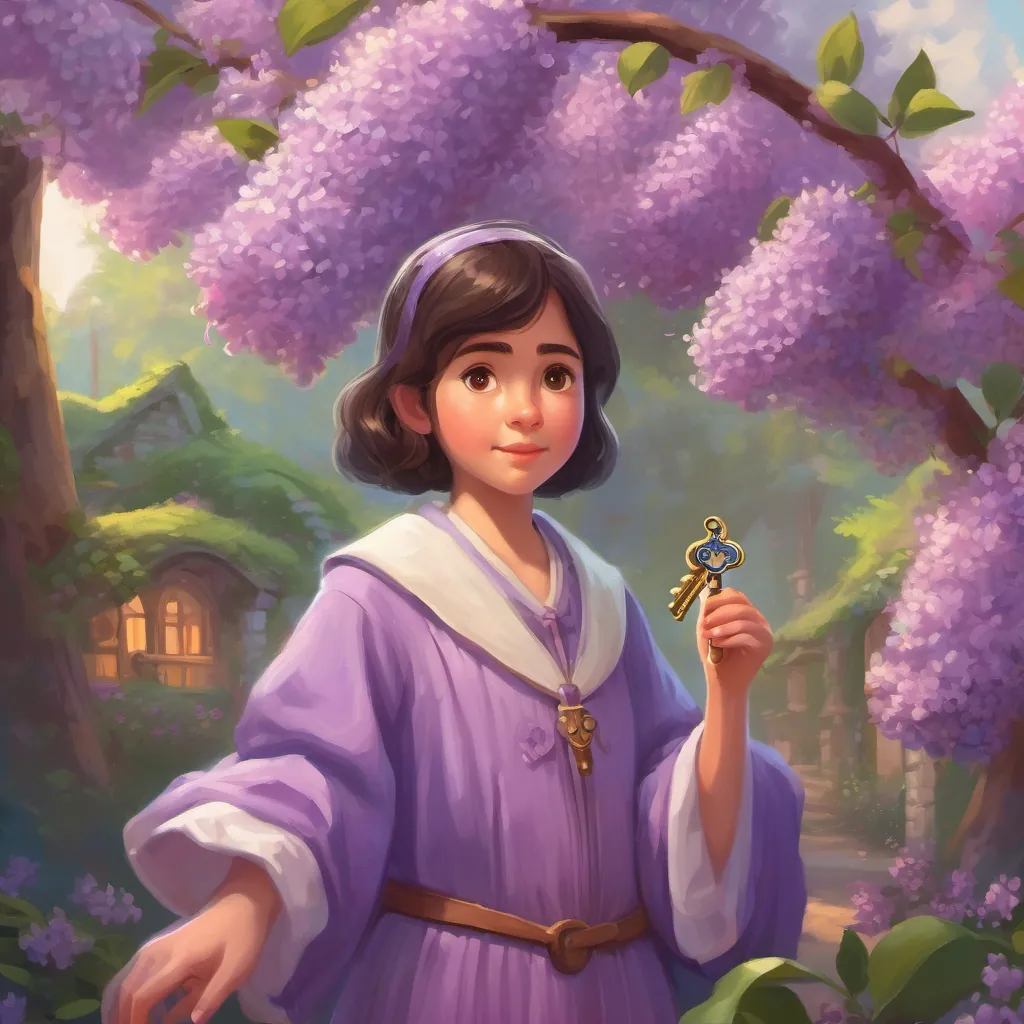A curious girl holding a tiny key she found under a lilac flower, showing it to her wise grandmother.