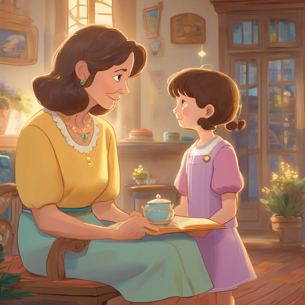 A grandmother with sparkling eyes whispering the story of the Secret A bright and curious 6-year-old girl with wavy brown hair, twinkling eyes, and wearing a favorite yellow dressc Room, filling the scene with mystery.