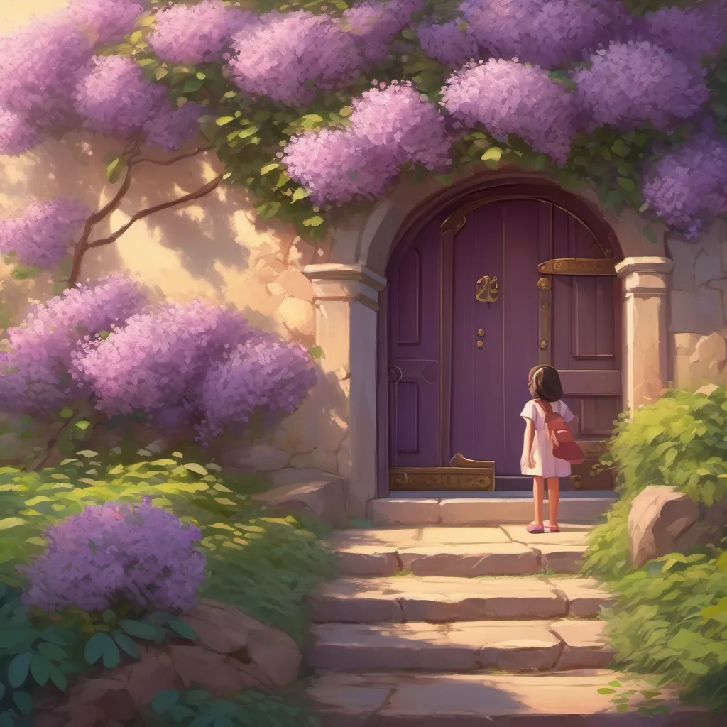 A hidden door behind a large lilac bush, with a young girl and her grandmother eagerly ready for an adventure.