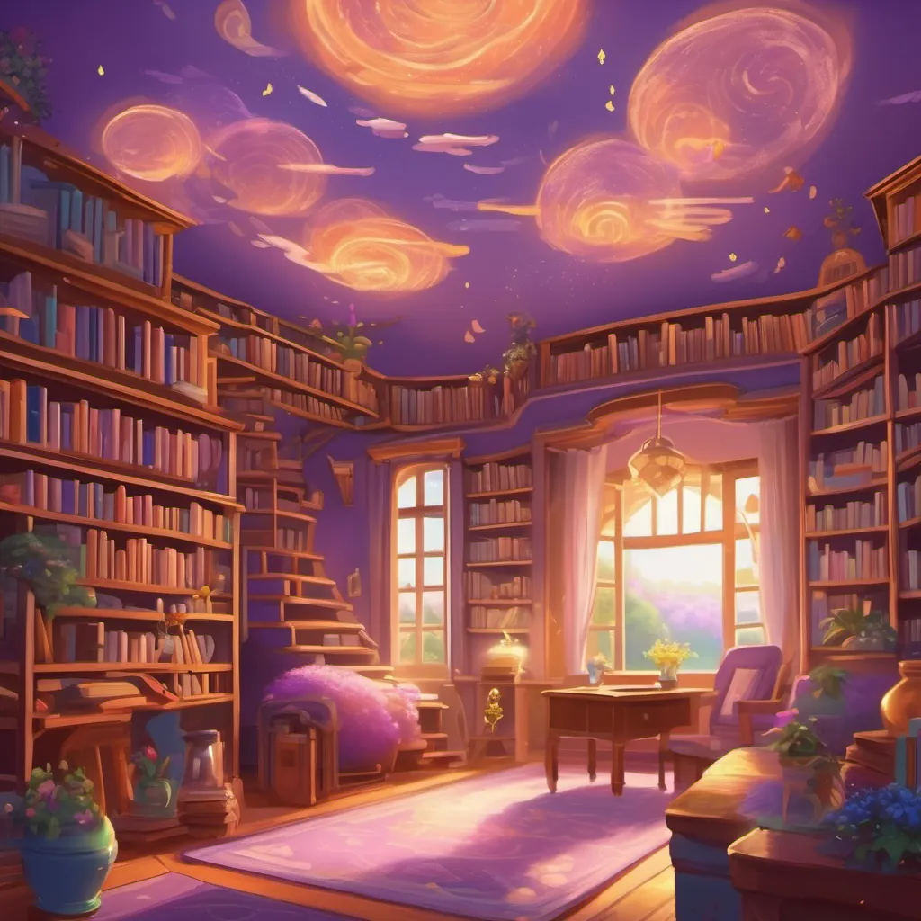 A magical room with flying books, talking paintings, and a giggling lilac, exuding wonder and joy.