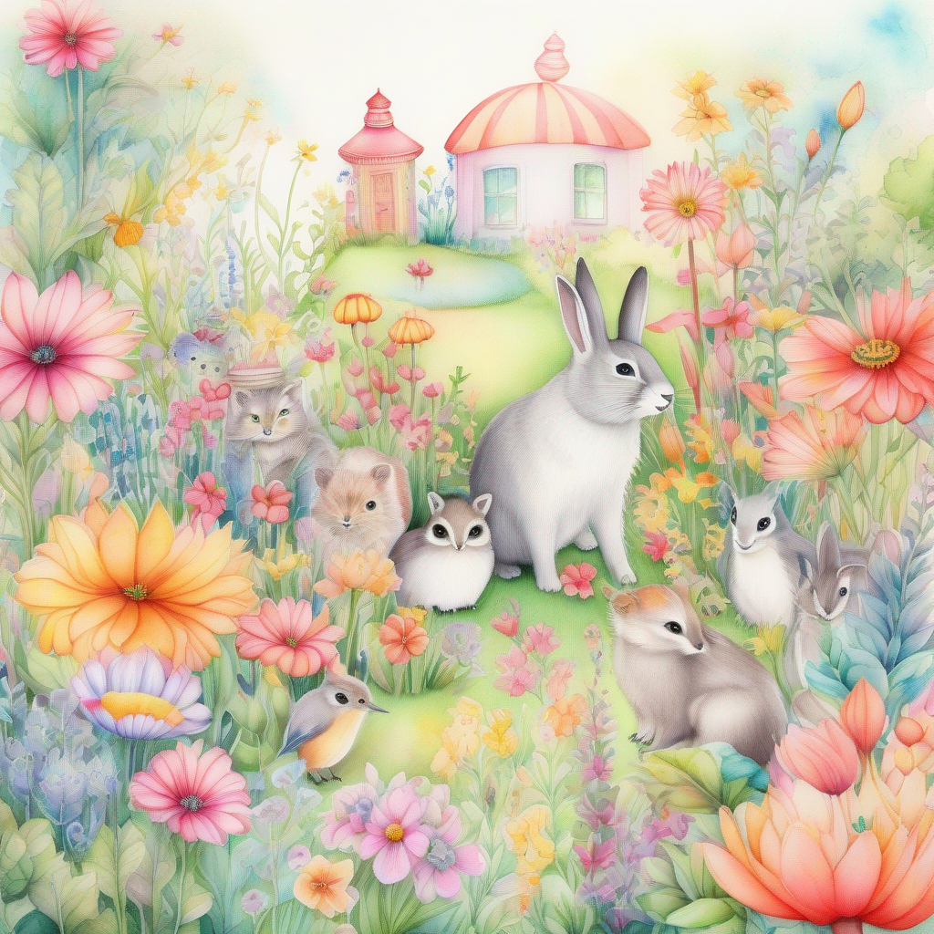 A magical garden with colorful flowers and talking animals.