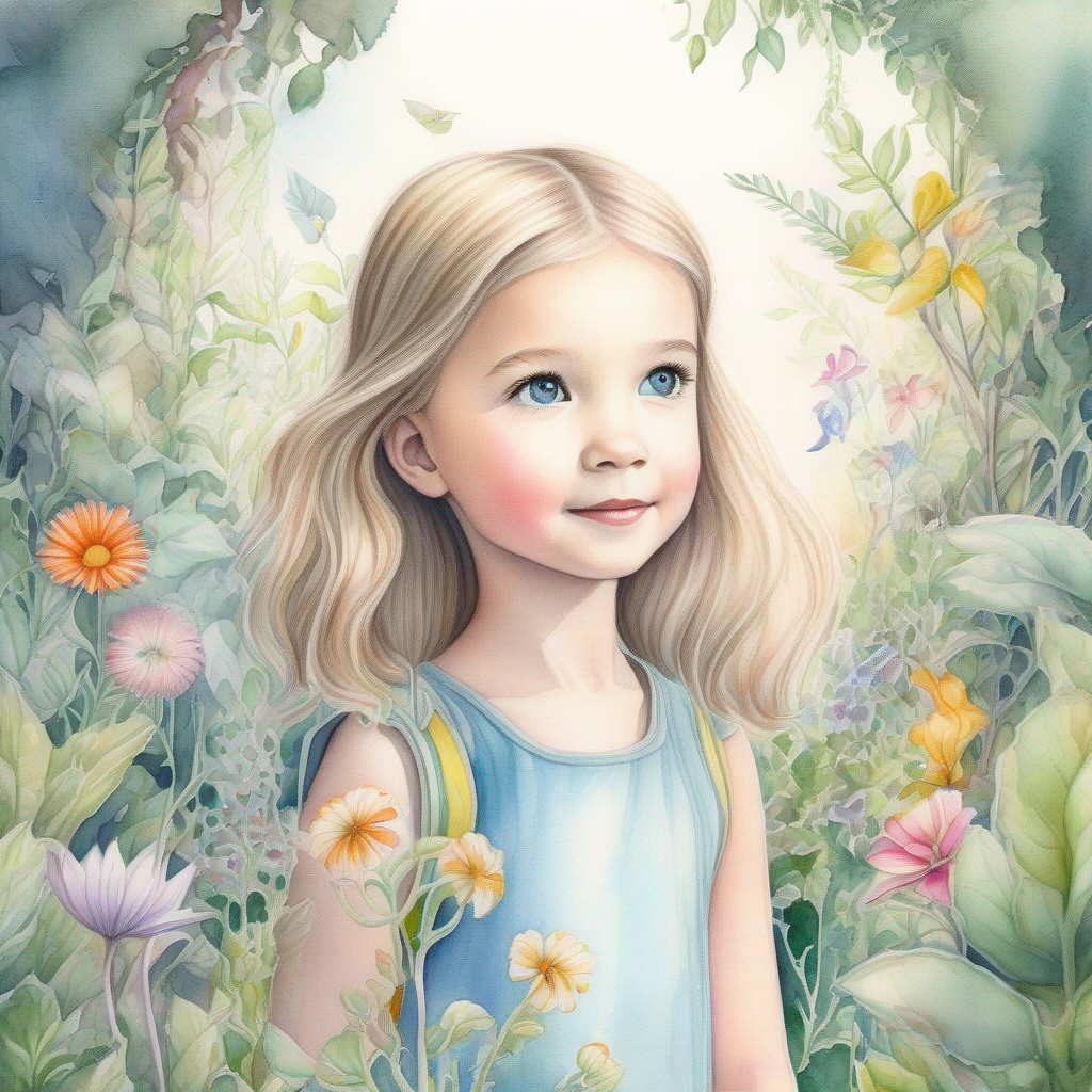 A young girl named A young girl with a curious and kind heart. exploring the magic garden.