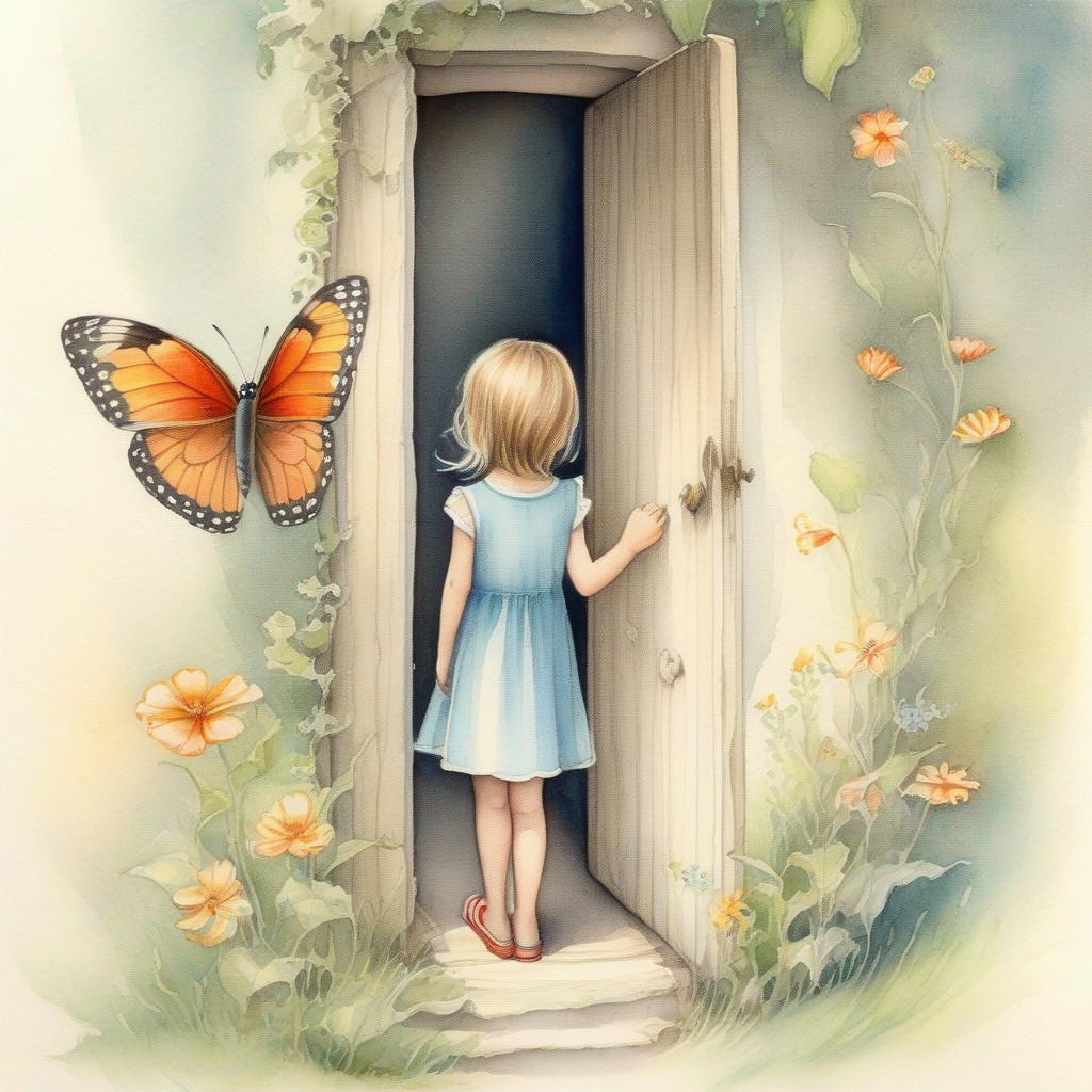 A small butterfly leading A young girl with a curious and kind heart. to a hidden door.