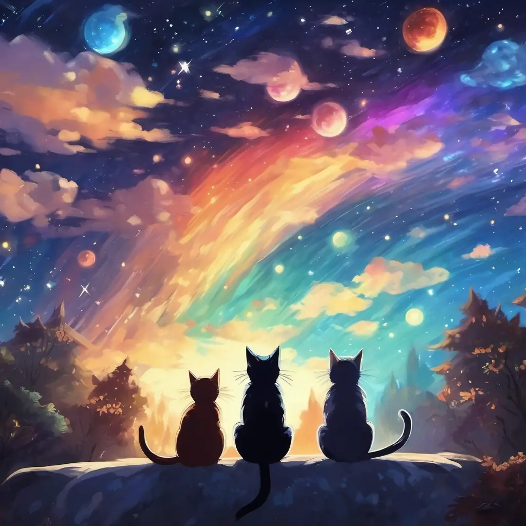 Cats with different colors and sizes looking up at the starry sky.
