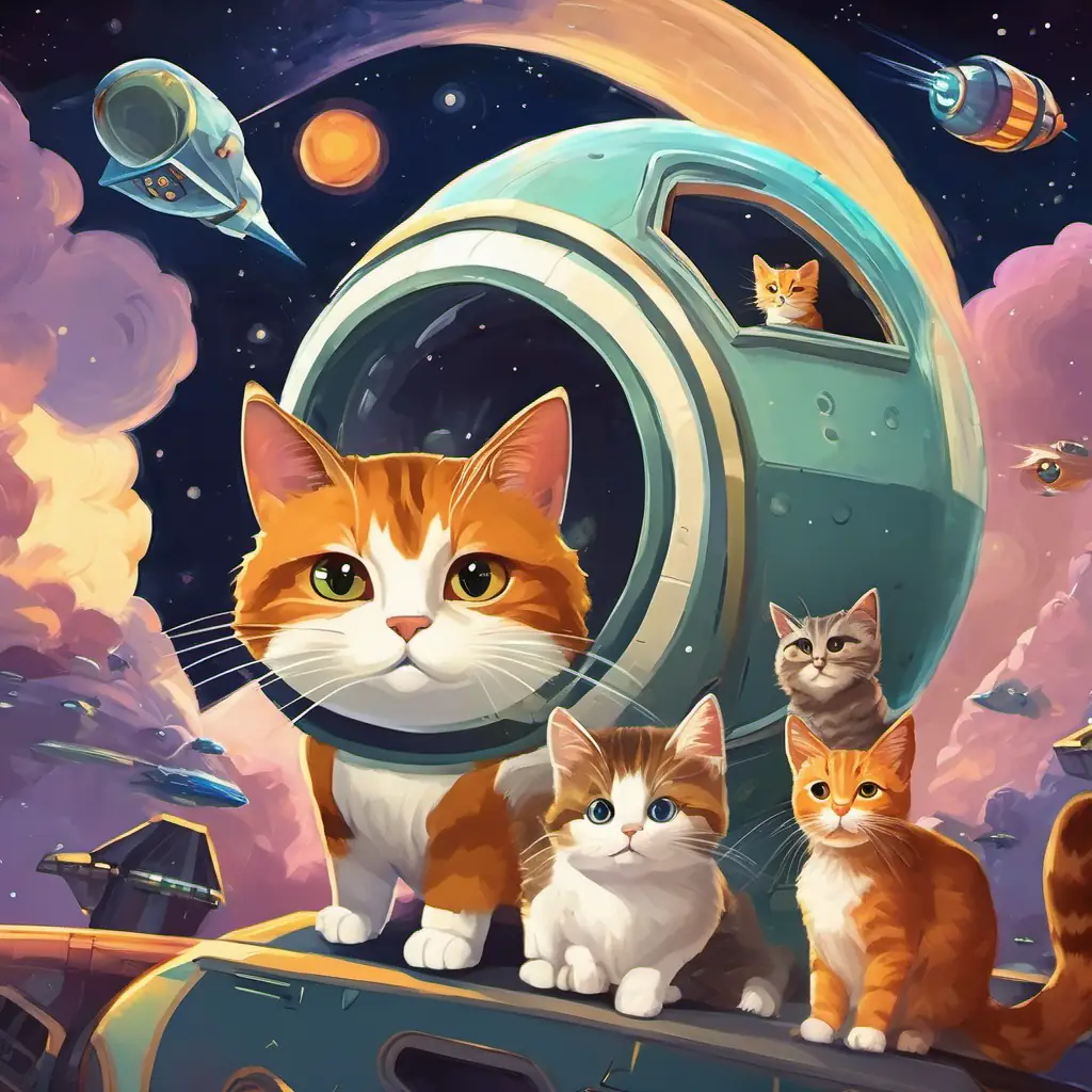 A brave and adventurous cat with a bushy mustache and other cats building a spaceship together.