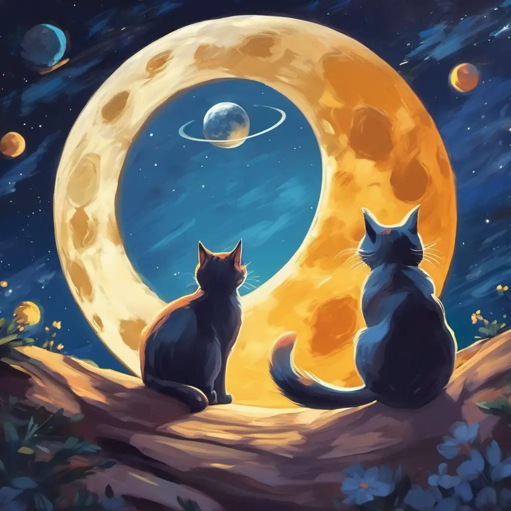 Cats flying past the moon and observing Saturn in space.
